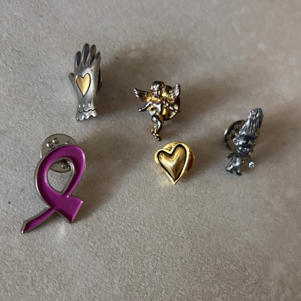 Assorted Set Of Metal Pins Heart, Breast Cancer Ribbon, Troll, Angel, Hand